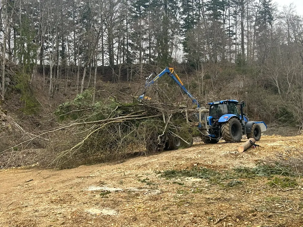 Traktor mit Kran räumt gefällte Bäume